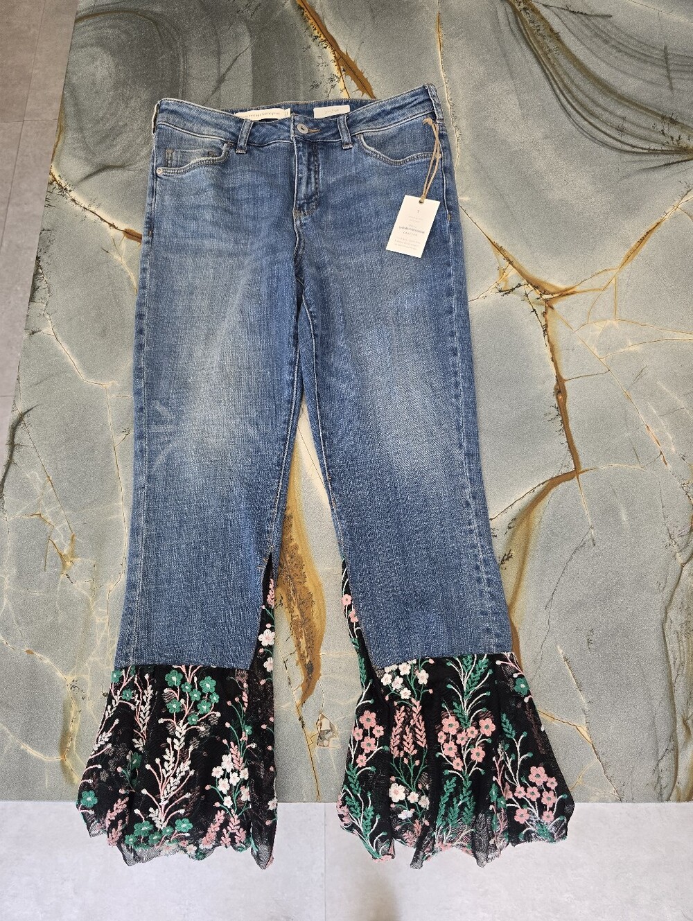 NWT ANTHROPOLOGIE Pilcro BOHO Floral Flounce Flare Cropped JEANS size 28